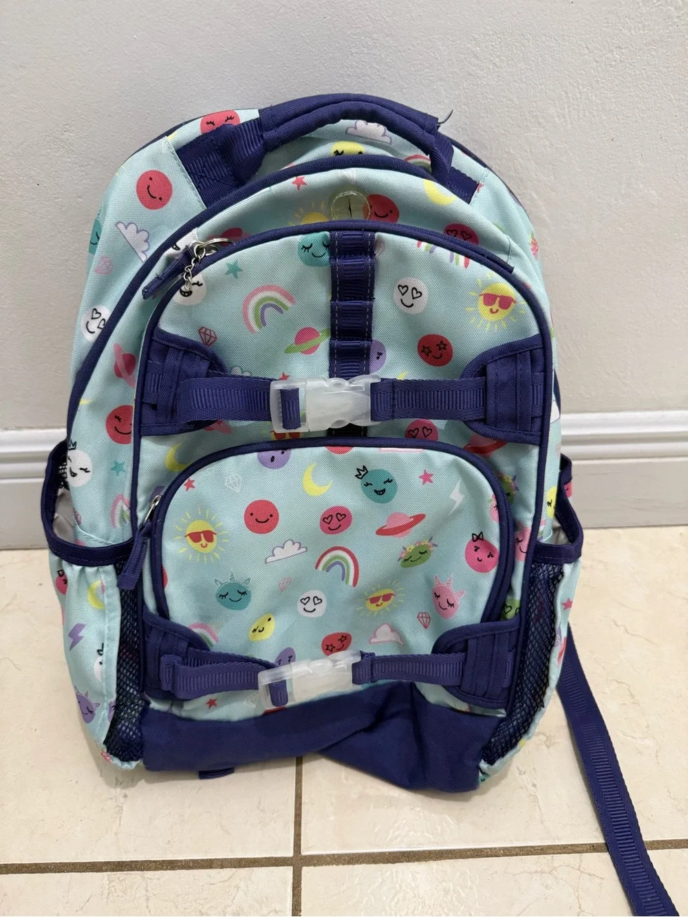 Pottery Barn Kids Mackenzie Large Backpack Bookbag blue-smiley faces GUC